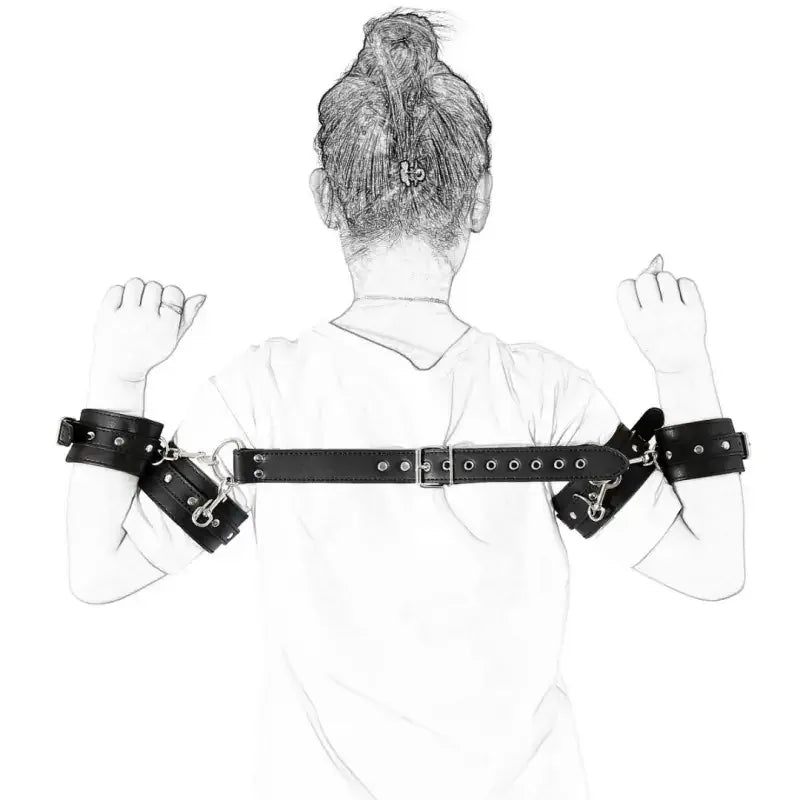 Domini Toy Black PU Leather Adjustable Arm & Wrist Cuffs — Padded Bondage Restraints Set