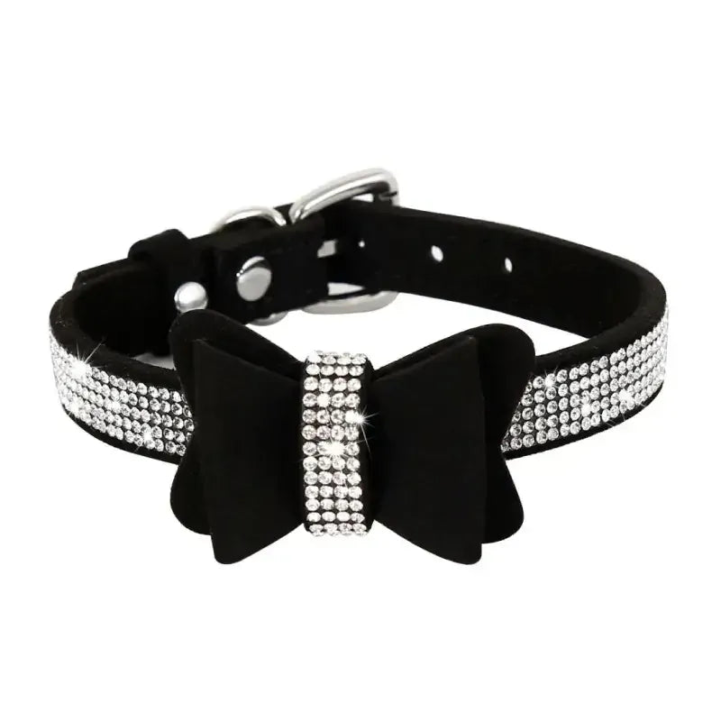 Domini Toy Black / S Suede Bow Collar — Rhinestone Trim Adjustable Day Collar