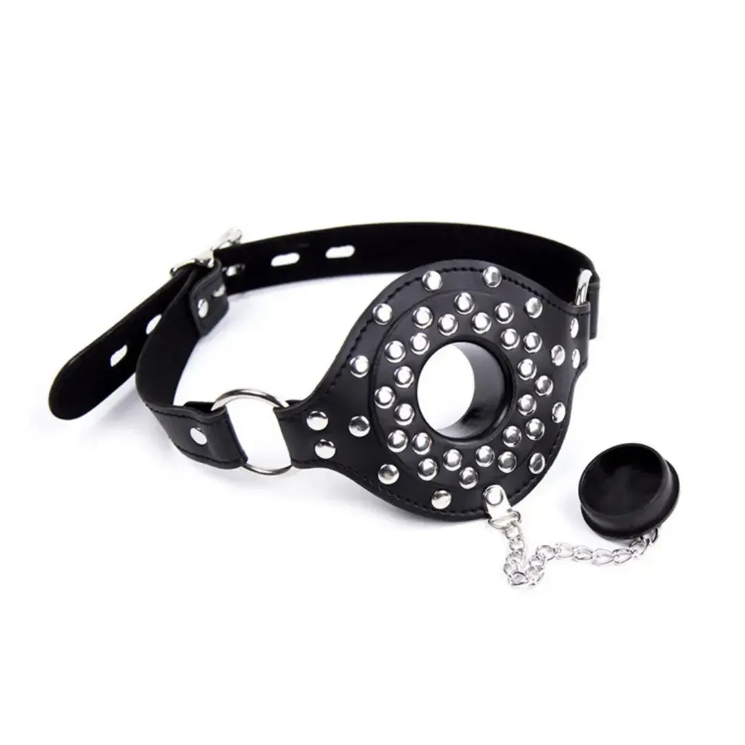 Domini Toy Black Studded Open Mouth Gag — Adjustable Deep Throat PU Leather BDSM Toy