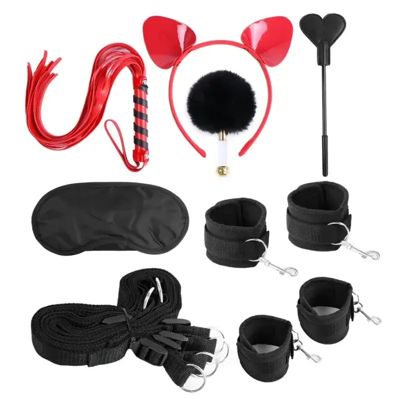 Domini Toy Black Under-Bed Restraint BDSM Kit — Red & Black Flogger, Cuffs & Blindfold