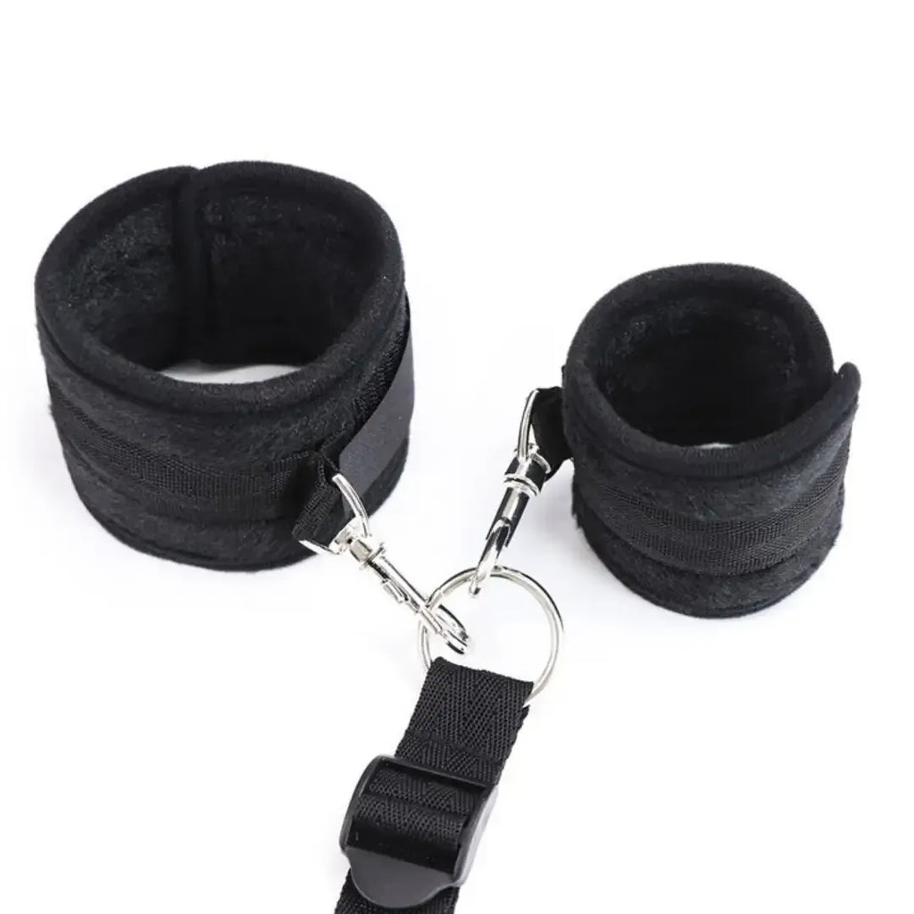 Domini Toy Black Under-Bed Restraint Set — Soft Plush Wrist & Ankle Cuffs with Belt