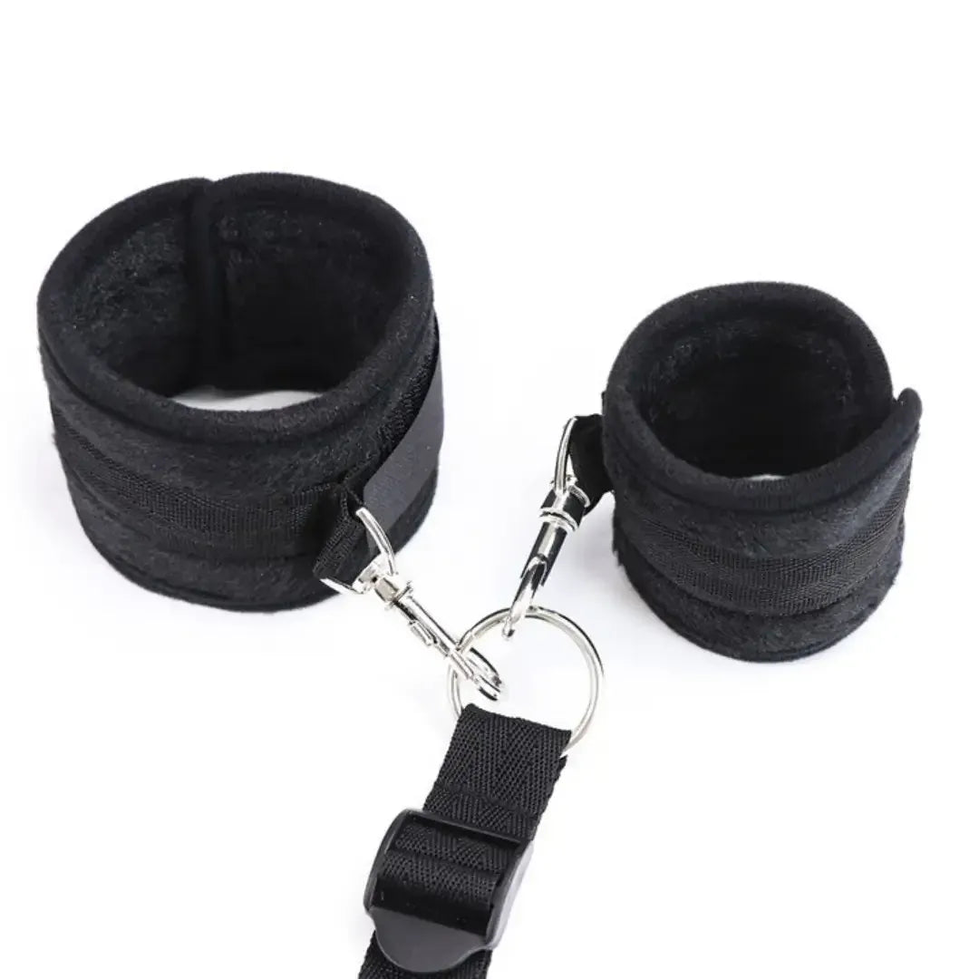 Domini Toy Black Under-Bed Restraint Set — Soft Plush Wrist & Ankle Cuffs with Belt