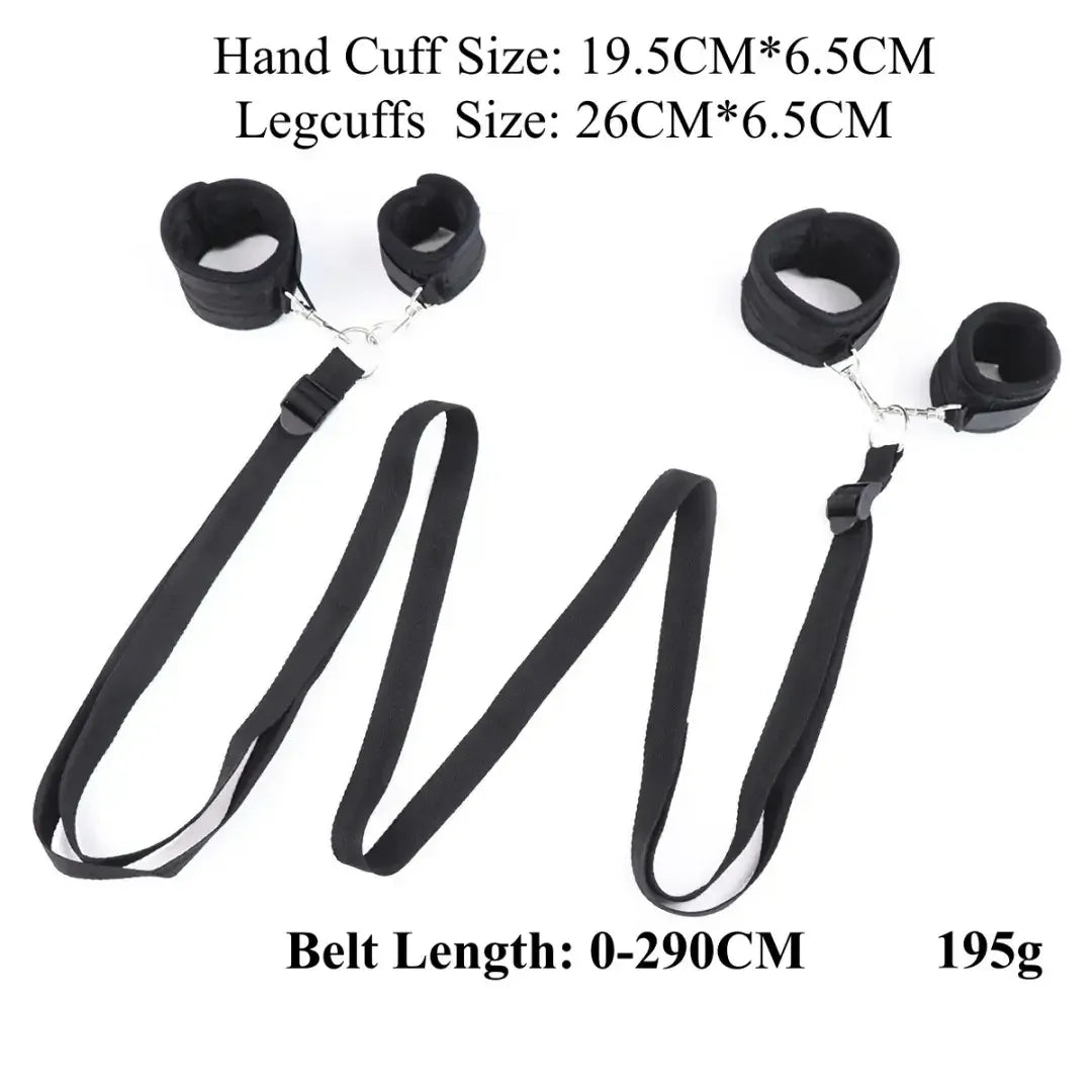 Domini Toy Black Under-Bed Restraint Set — Soft Plush Wrist & Ankle Cuffs with Belt
