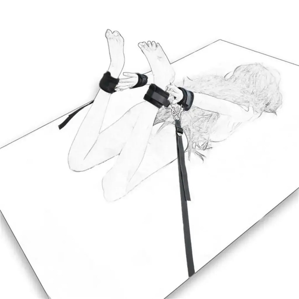Domini Toy Black Under-Bed Restraint Set — Soft Plush Wrist & Ankle Cuffs with Belt
