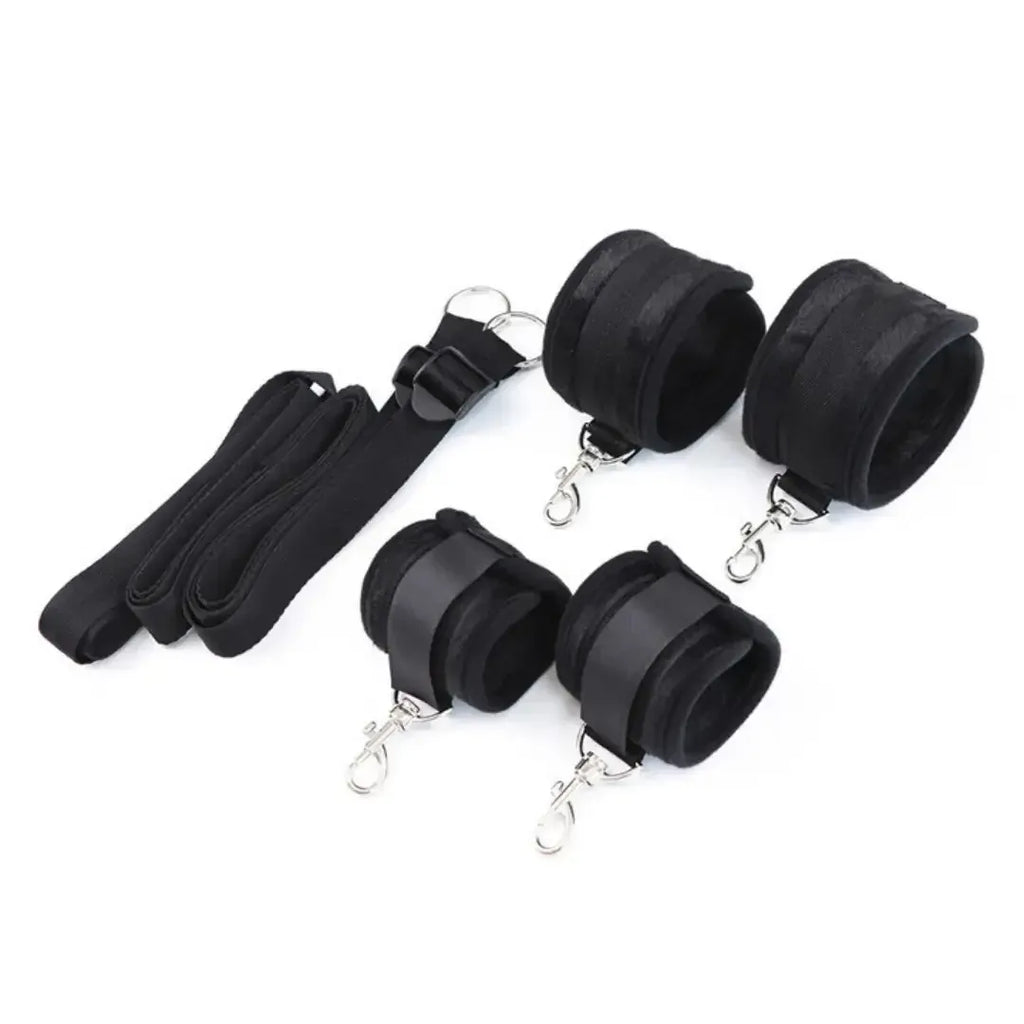 Domini Toy Black Under-Bed Restraint Set — Soft Plush Wrist & Ankle Cuffs with Belt