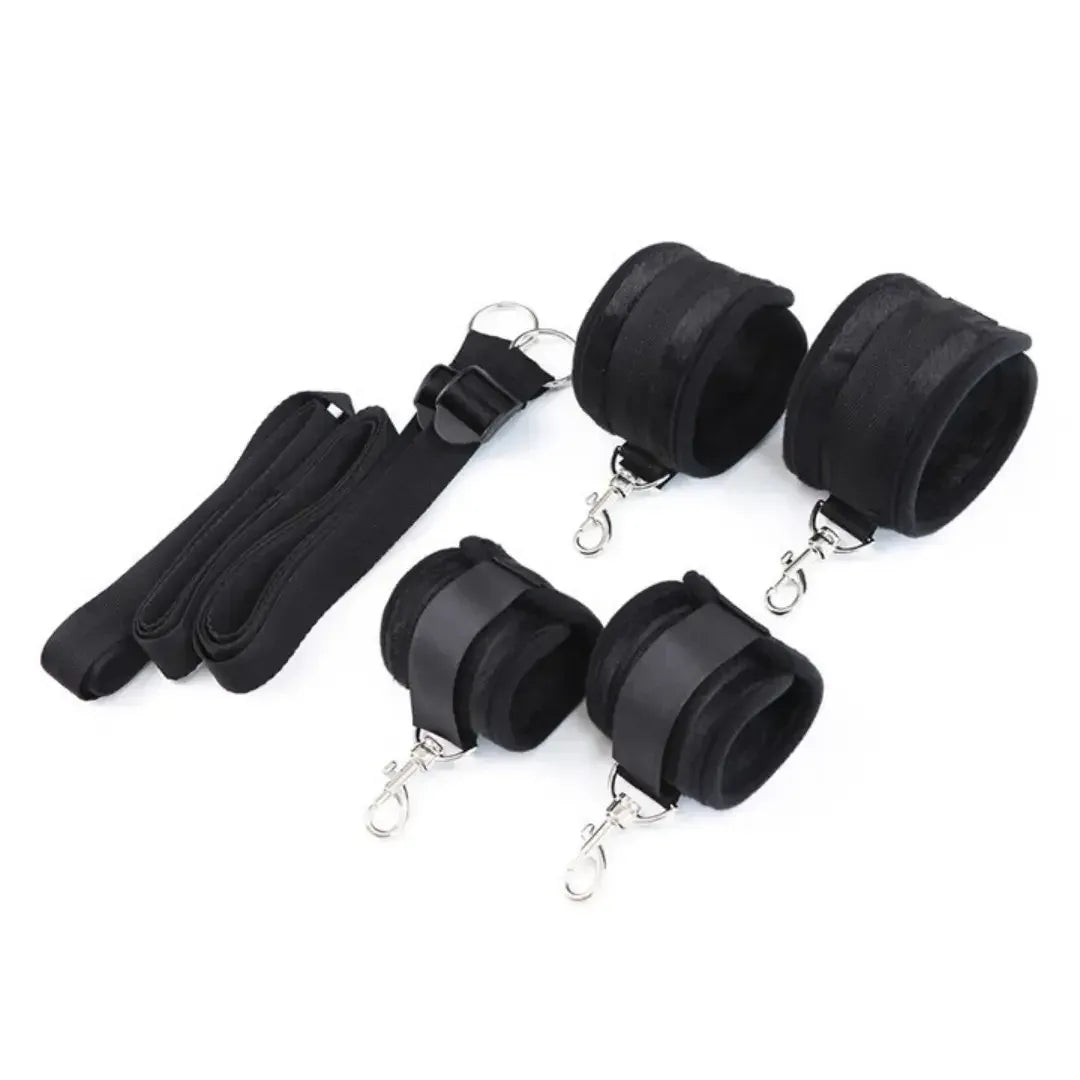 Domini Toy Black Under-Bed Restraint Set — Soft Plush Wrist & Ankle Cuffs with Belt