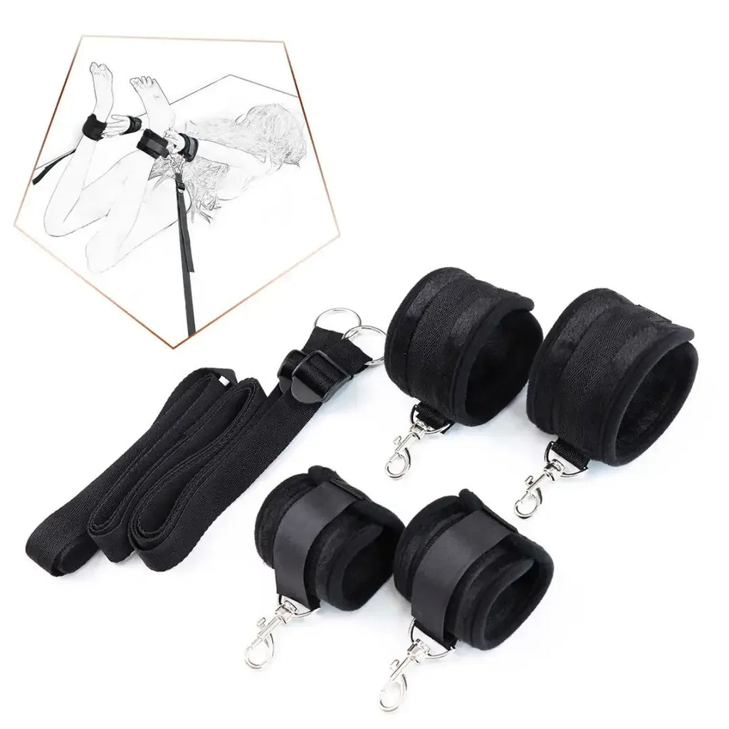 Domini Toy Black Under-Bed Restraint Set — Soft Plush Wrist & Ankle Cuffs with Belt