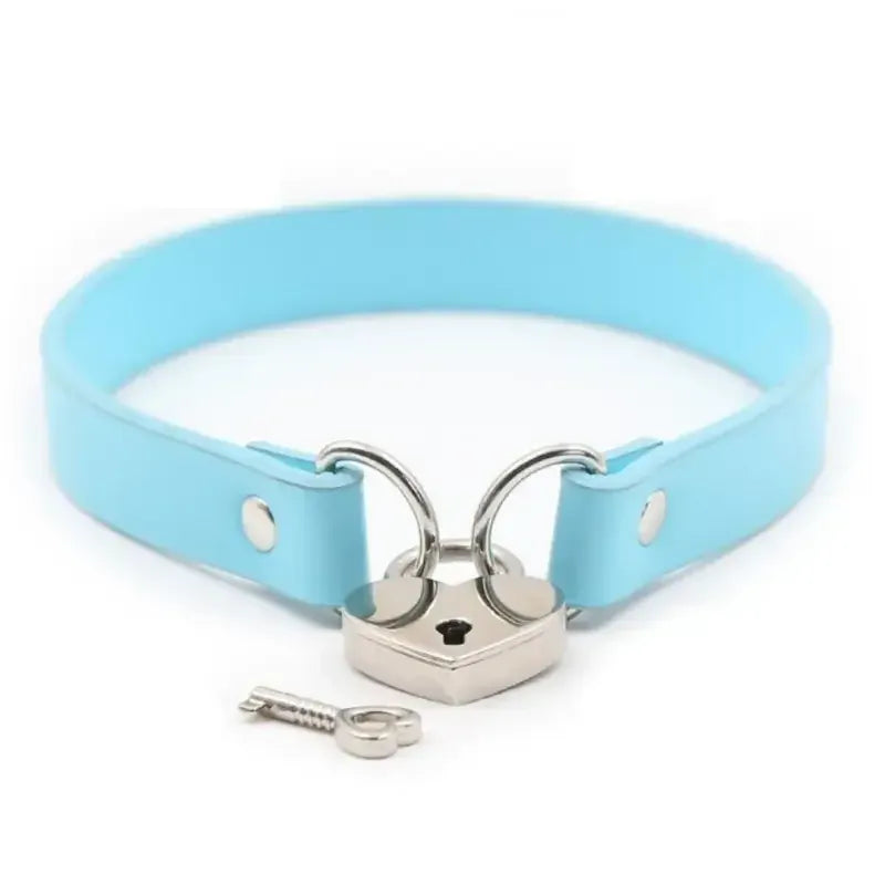 Domini Toy Blue / M Day Collar with Heart Lock – PU Leather Choker