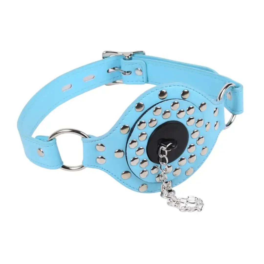 Domini Toy Blue Studded Open Mouth Gag — Adjustable Deep Throat PU Leather BDSM Toy