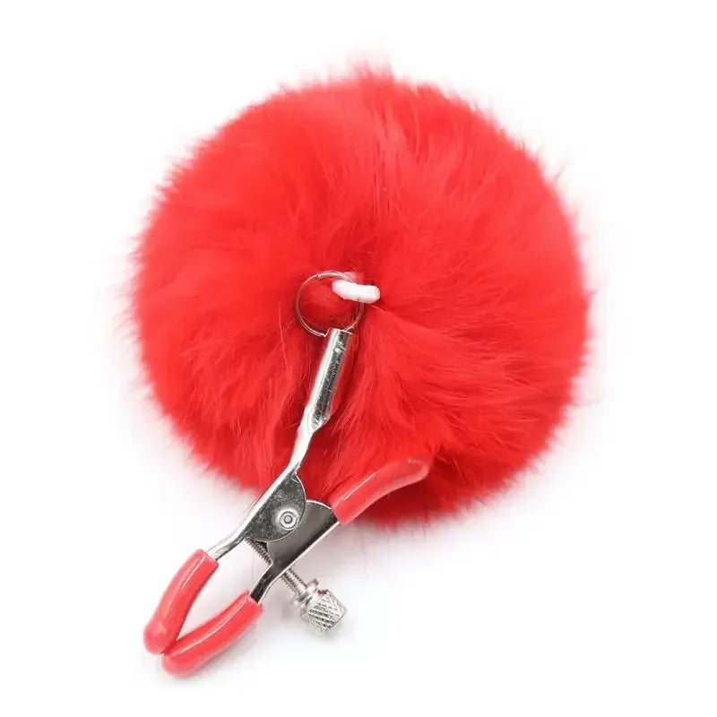 Domini Toy Faux-Fur Pom Pom Nipple Clamps — Silicone-Tip Metal Clamps