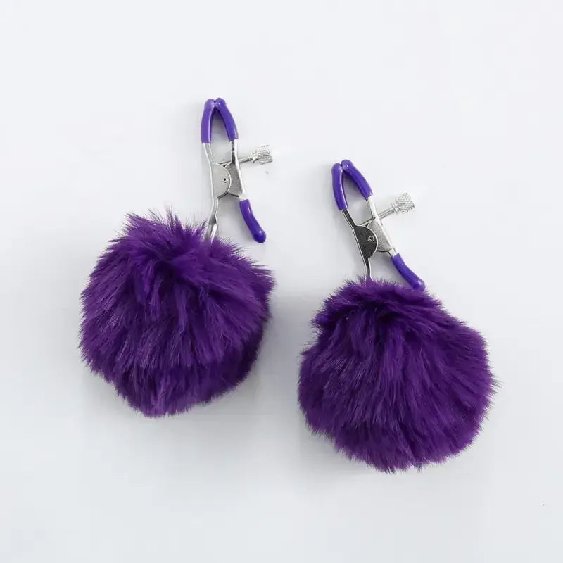 Domini Toy Faux-Fur Pom Pom Nipple Clamps — Silicone-Tip Metal Clamps