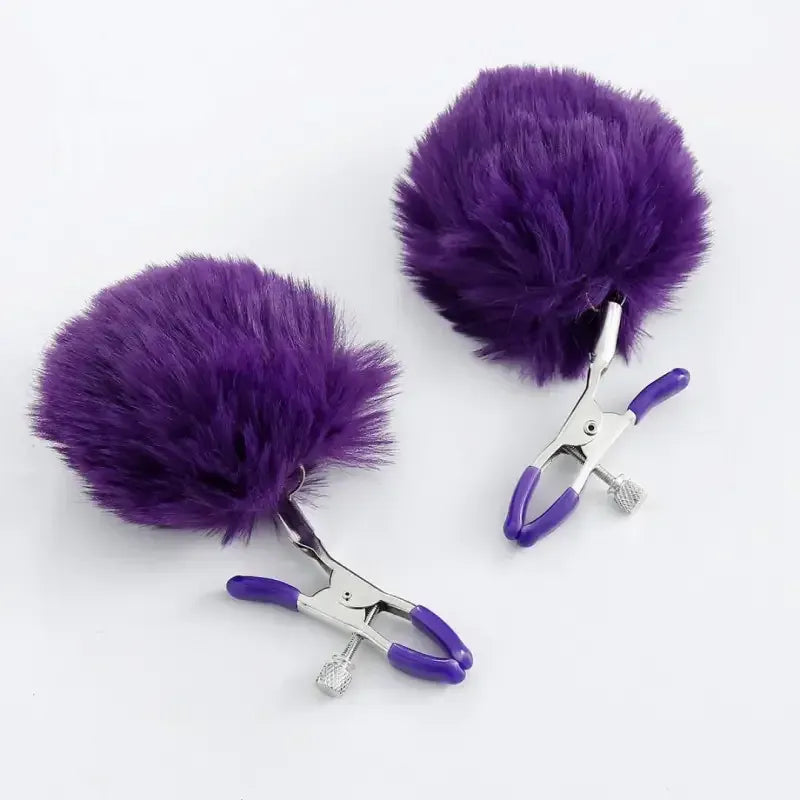 Domini Toy Faux-Fur Pom Pom Nipple Clamps — Silicone-Tip Metal Clamps