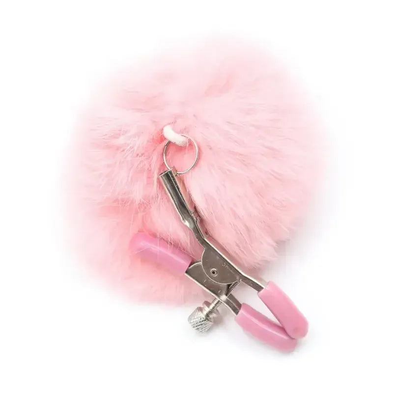 Domini Toy Faux-Fur Pom Pom Nipple Clamps — Silicone-Tip Metal Clamps