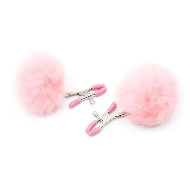 Domini Toy Faux-Fur Pom Pom Nipple Clamps — Silicone-Tip Metal Clamps