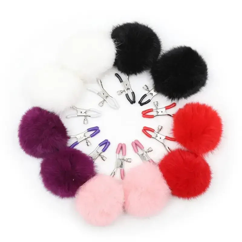 Domini Toy Faux-Fur Pom Pom Nipple Clamps — Silicone-Tip Metal Clamps