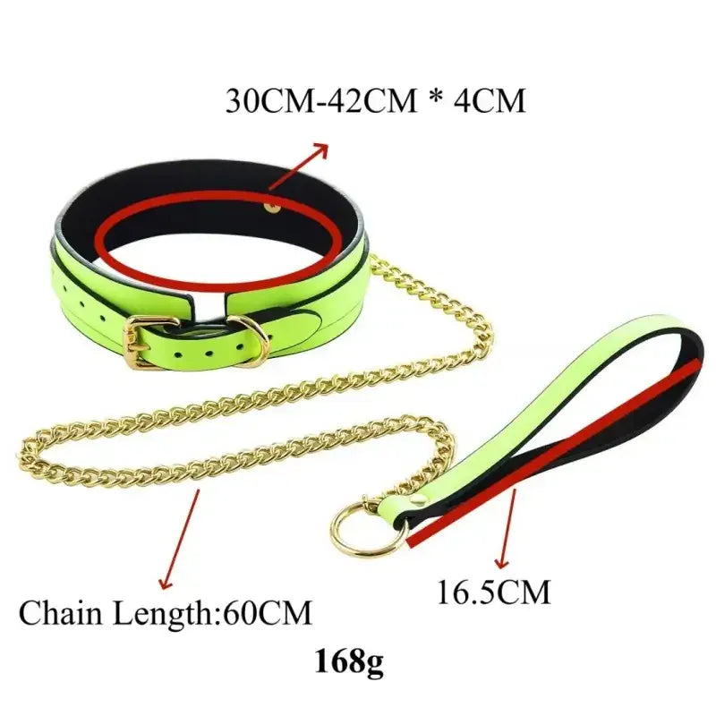 Domini Toy Glow-in-the-Dark BDSM Collar Leash Set with Gold Chain