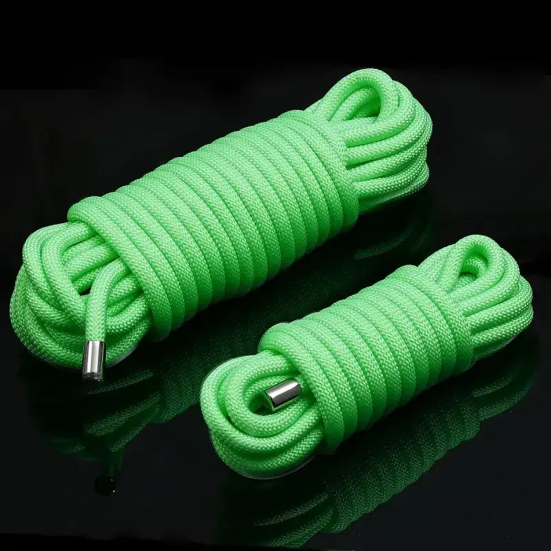 Domini Toy Glow-in-the-Dark Bondage Rope — Neon Green Nylon Rope with Metal Tips