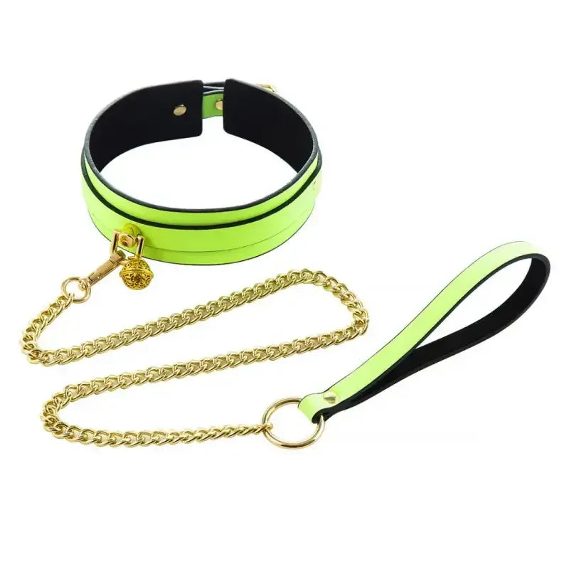 Domini Toy Green Glow-in-the-Dark BDSM Collar Leash Set with Gold Chain