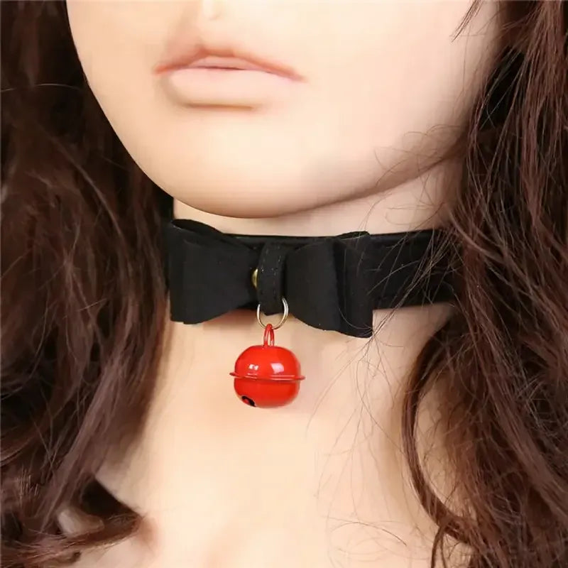 Domini Toy Kawaii Bow Bell Day Collar – Adjustable Soft PU, Gold Hardware