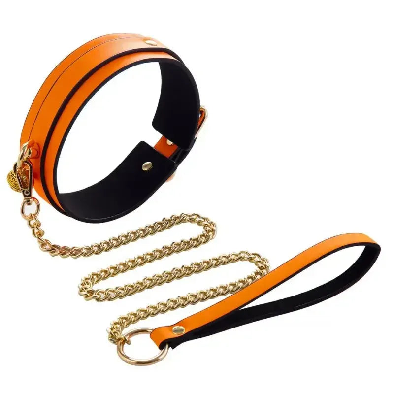 Domini Toy Orange Glow-in-the-Dark BDSM Collar Leash Set with Gold Chain