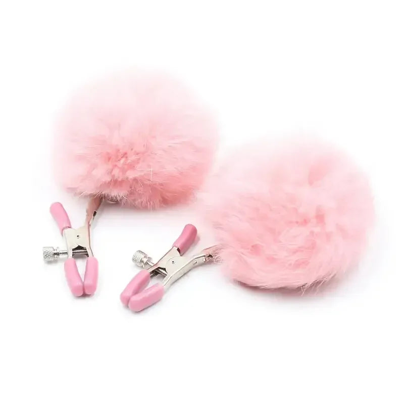 Domini Toy Pink / 2 Pieces Faux-Fur Pom Pom Nipple Clamps — Silicone-Tip Metal Clamps