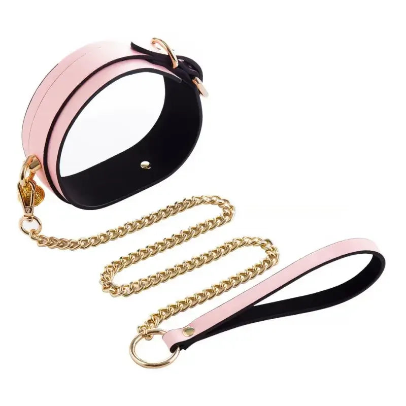 Domini Toy Pink Glow-in-the-Dark BDSM Collar Leash Set with Gold Chain