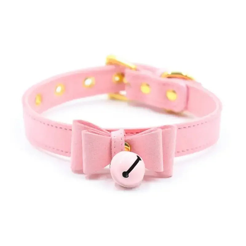 Domini Toy Pink Kawaii Bow Bell Day Collar – Adjustable Soft PU, Gold Hardware