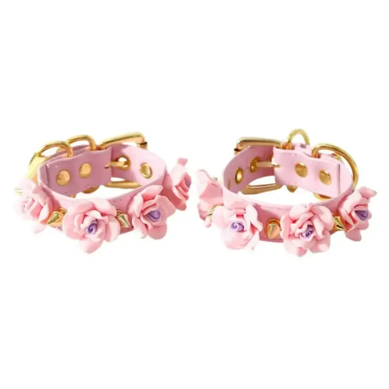 Domini Toy Pink Rose-Studded Spike Cuffs — Adjustable Faux Leather Wrist & Ankle Restraints