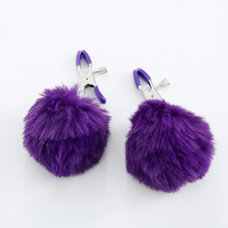 Domini Toy Purple / 2 Pieces Faux-Fur Pom Pom Nipple Clamps — Silicone-Tip Metal Clamps