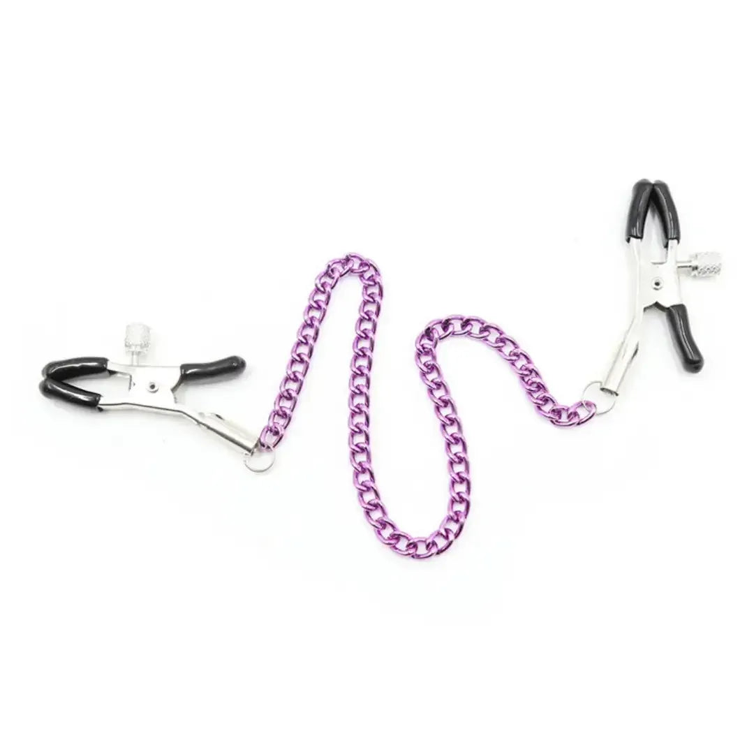Domini Toy Purple Adjustable Metal Nipple Clamps with Chain, Body‑Safe Rubber Tips
