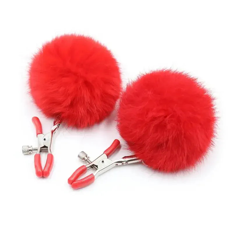 Domini Toy Red / 2 Pieces Faux-Fur Pom Pom Nipple Clamps — Silicone-Tip Metal Clamps