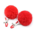 Domini Toy Red / 2 Pieces Faux-Fur Pom Pom Nipple Clamps — Silicone-Tip Metal Clamps