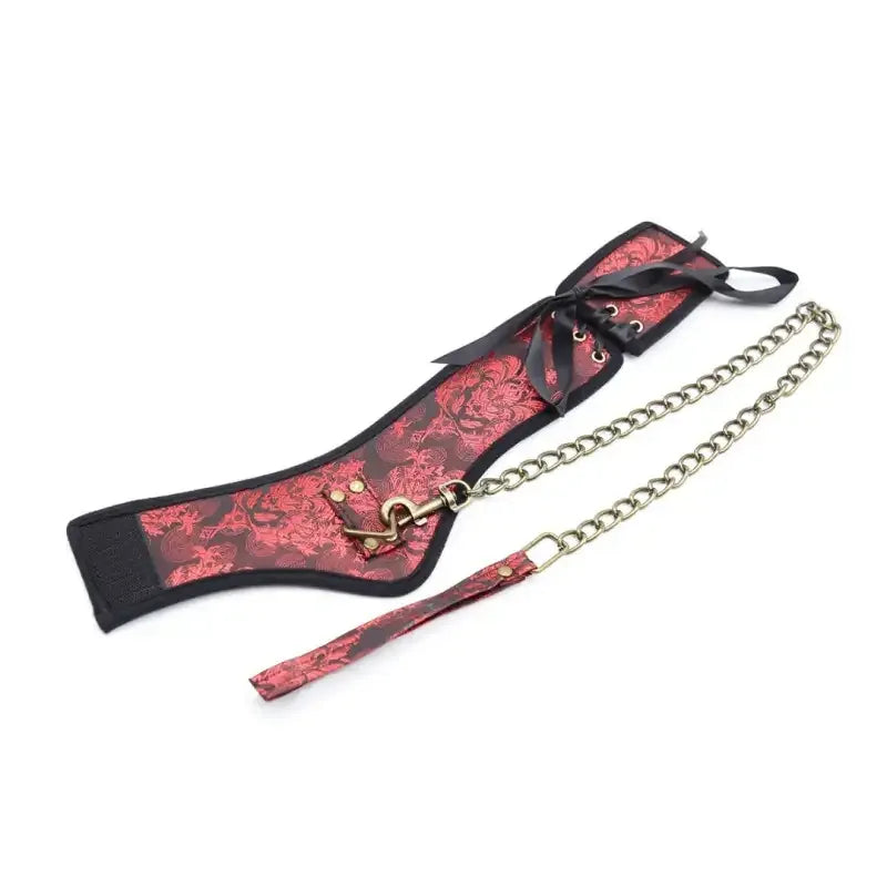 Domini Toy Red Dragon Phoenix Brocade Posture Collar with Chain - BDSM Neck Collar