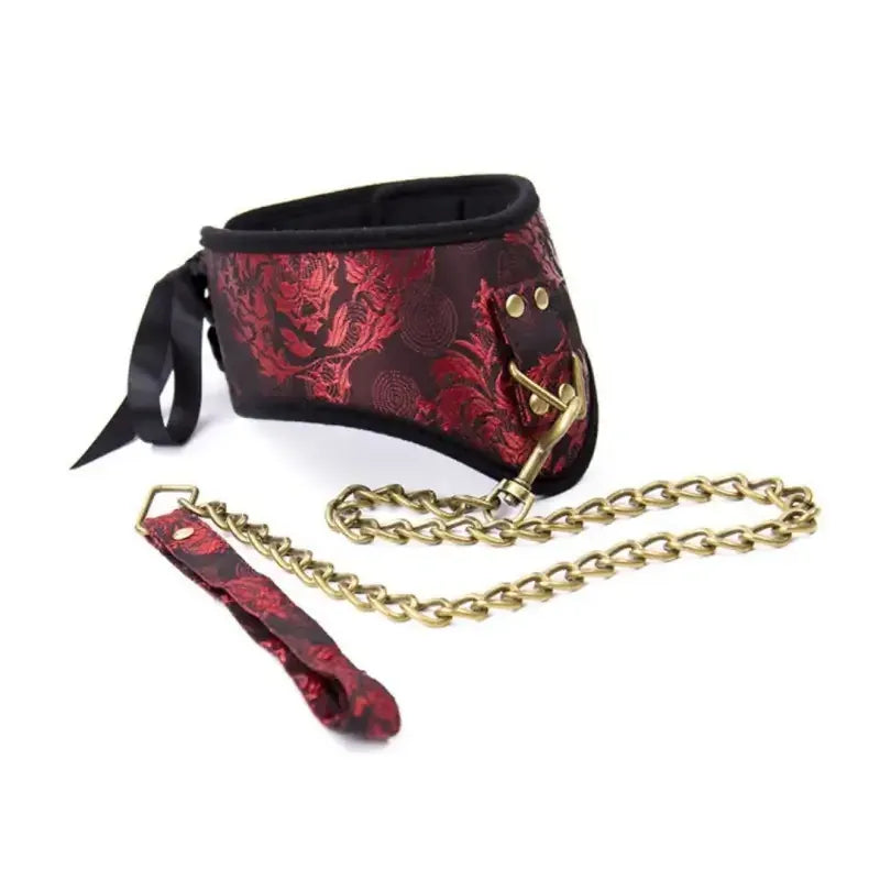 Domini Toy Red Dragon Phoenix Brocade Posture Collar with Chain - BDSM Neck Collar