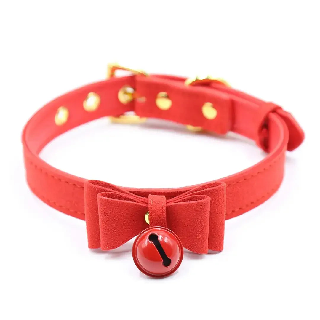 Domini Toy Red Kawaii Bow Bell Day Collar – Adjustable Soft PU, Gold Hardware