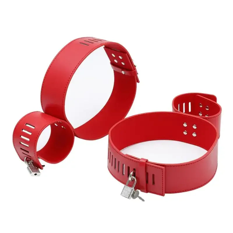 Domini Toy Red / Lock Locking Hogtie Cuff Set – Adjustable Rigid Cuffs for Wrists & Thighs