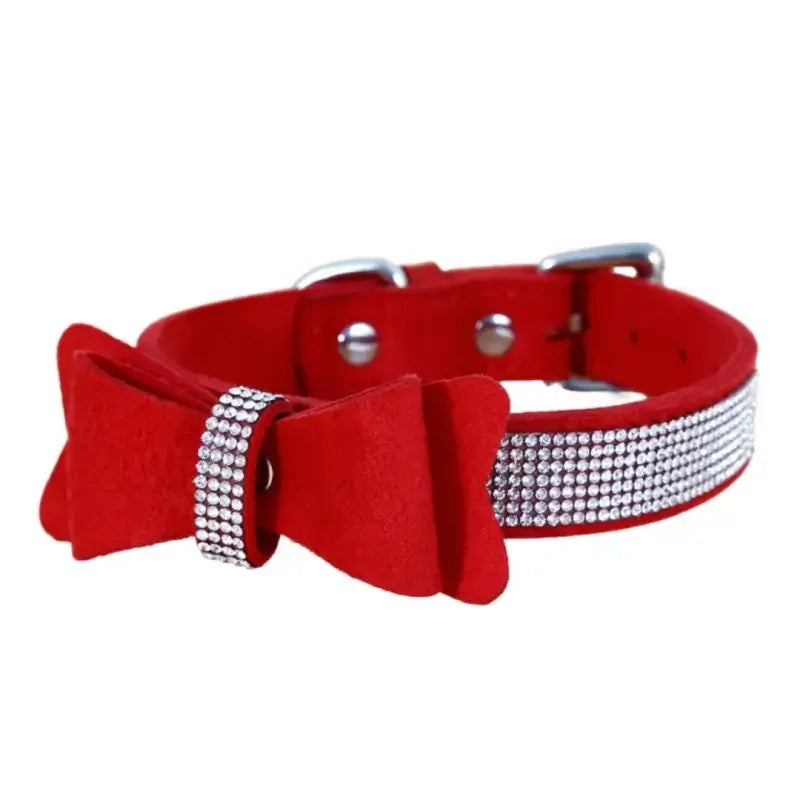 Domini Toy Red / S Suede Bow Collar — Rhinestone Trim Adjustable Day Collar