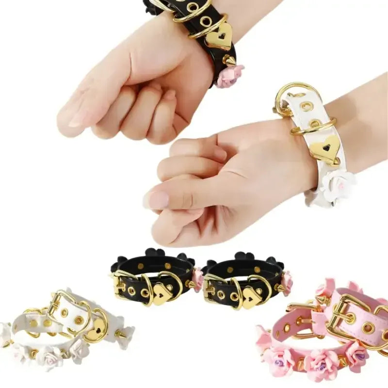 Domini Toy Rose-Studded Spike Cuffs — Adjustable Faux Leather Wrist & Ankle Restraints