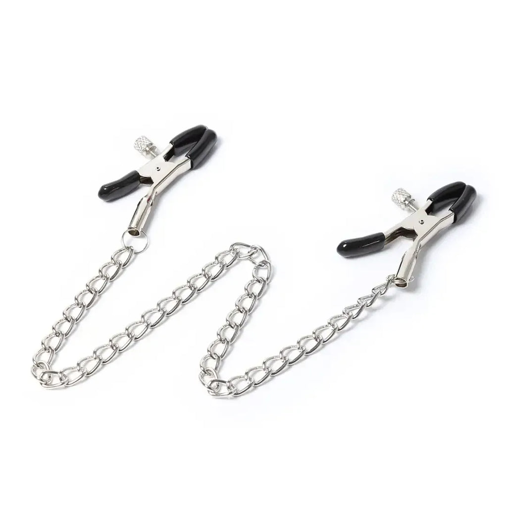 Domini Toy Silver Adjustable Metal Nipple Clamps with Chain, Body‑Safe Rubber Tips