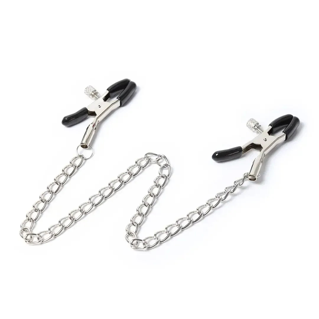Domini Toy Silver Adjustable Metal Nipple Clamps with Chain, Body‑Safe Rubber Tips