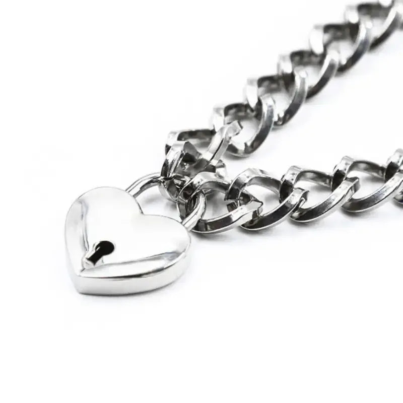 Domini Toy Silver Heart Lock Day Collar – Heavy Chain Padlock Necklace for Couples