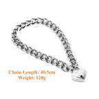 Domini Toy Silver Heart Lock Day Collar – Heavy Chain Padlock Necklace for Couples