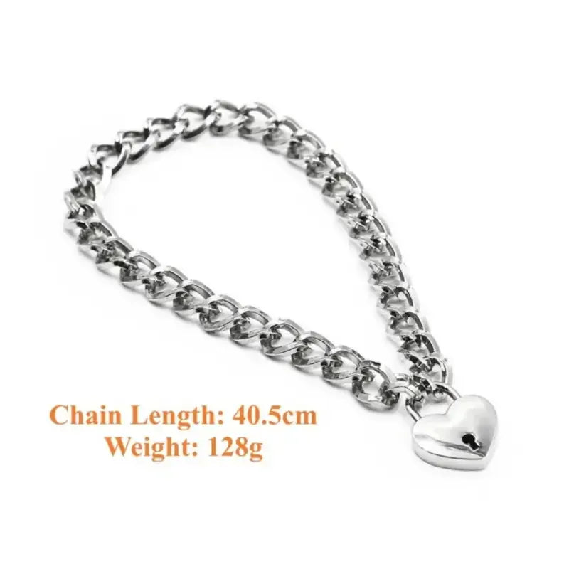 Domini Toy Silver Heart Lock Day Collar – Heavy Chain Padlock Necklace for Couples