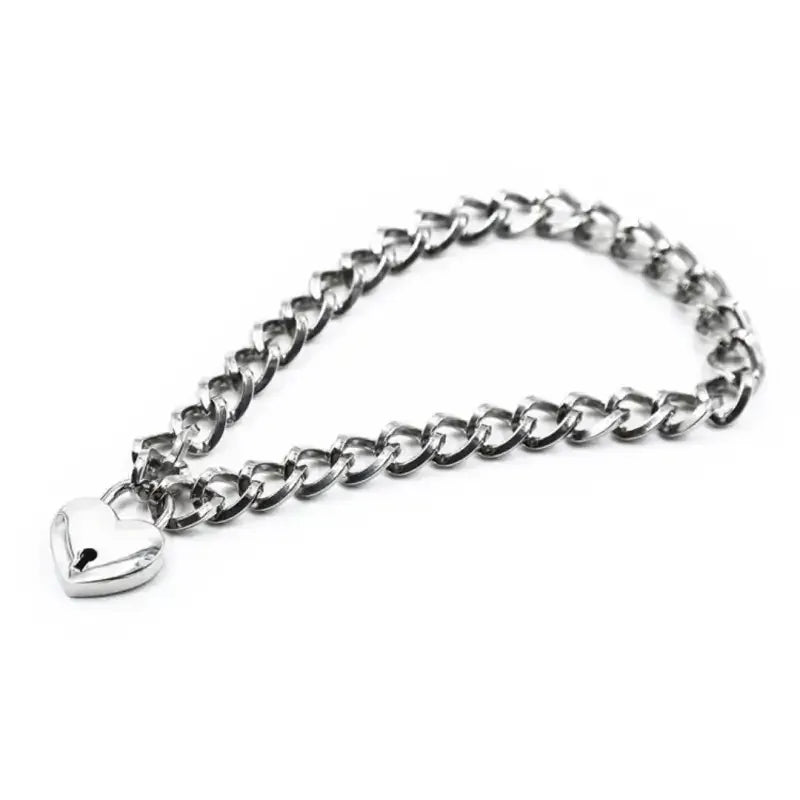 Domini Toy Silver Heart Lock Day Collar – Heavy Chain Padlock Necklace for Couples