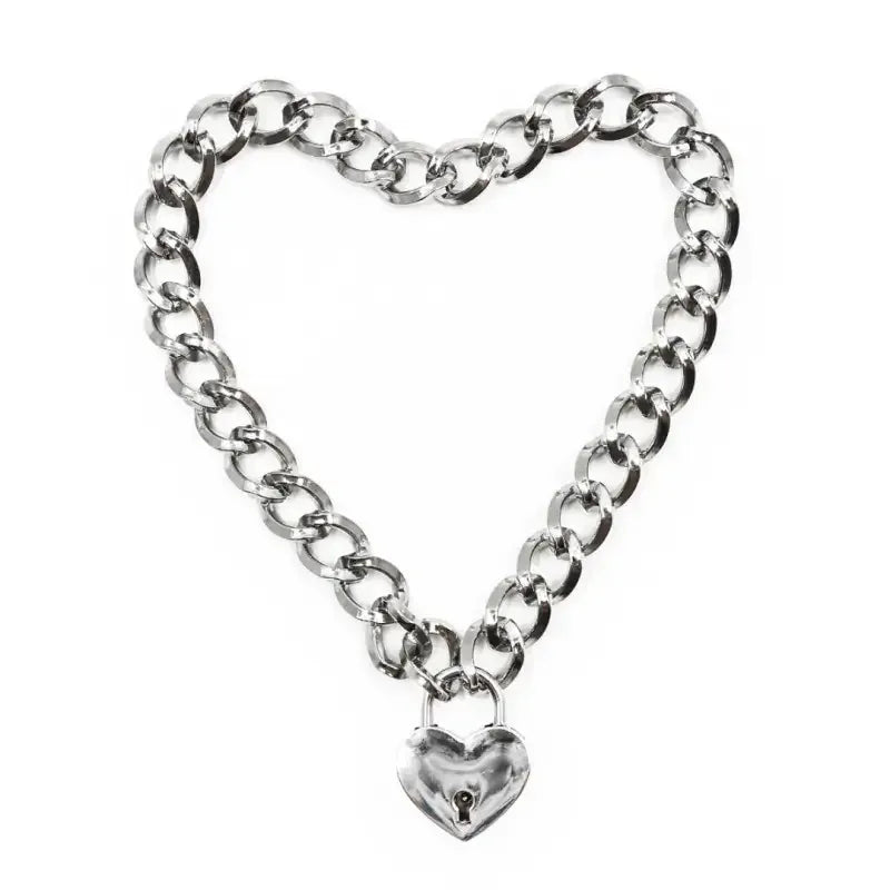 Domini Toy Silver Heart Lock Day Collar – Heavy Chain Padlock Necklace for Couples