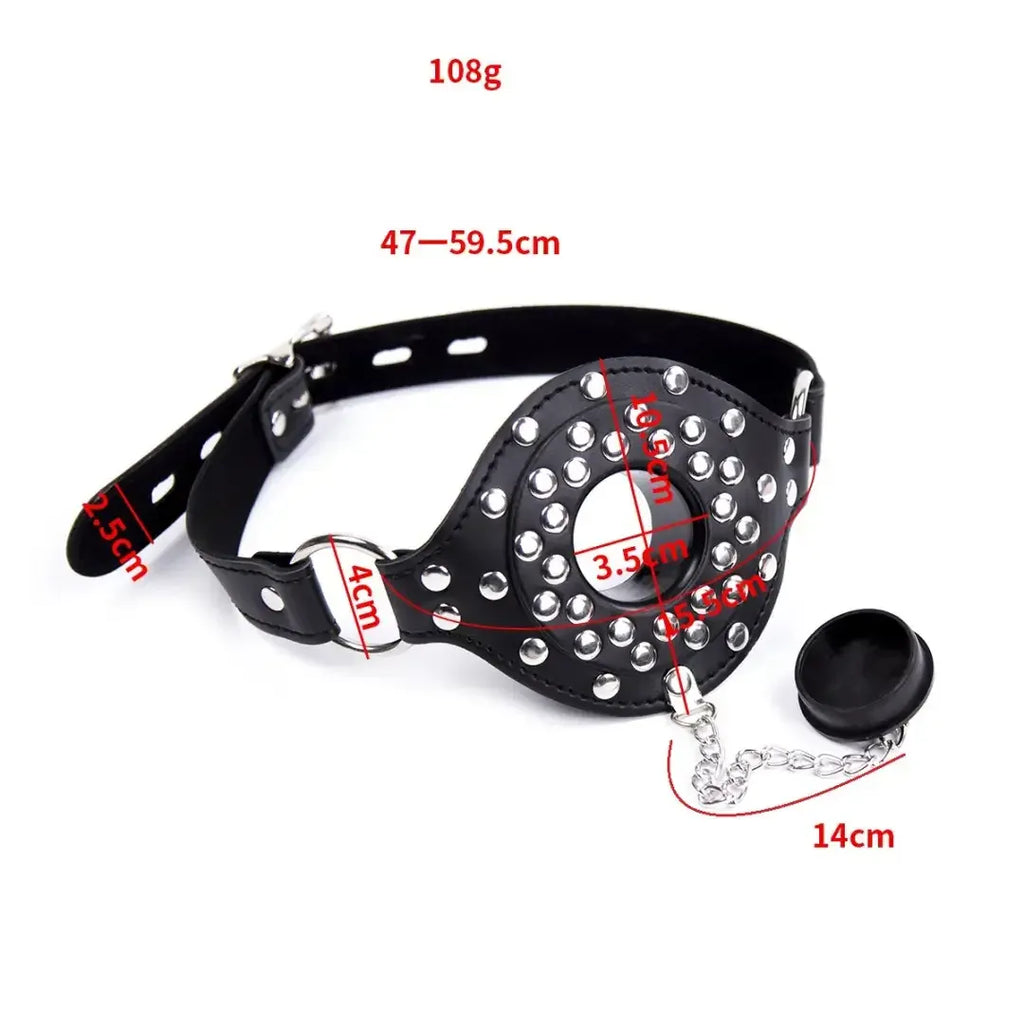 Domini Toy Studded Open Mouth Gag — Adjustable Deep Throat PU Leather BDSM Toy