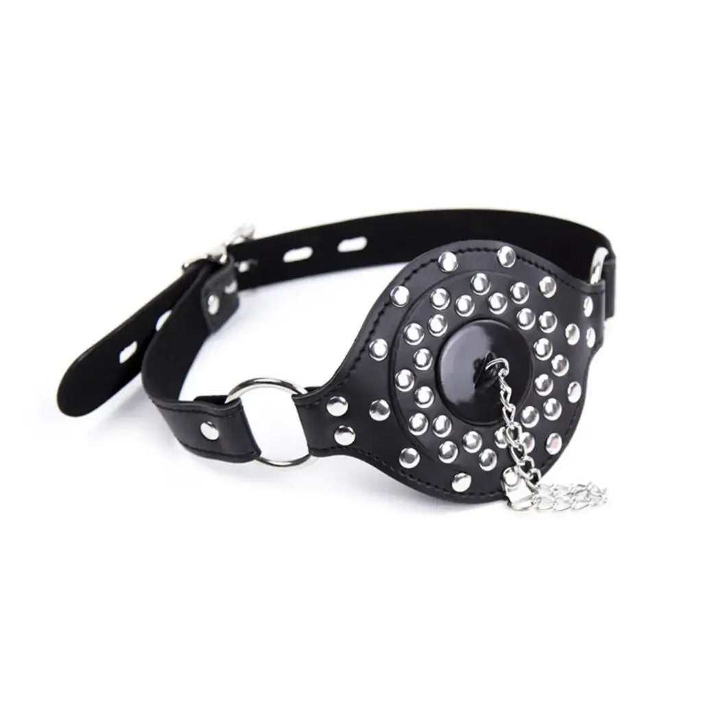 Domini Toy Studded Open Mouth Gag — Adjustable Deep Throat PU Leather BDSM Toy