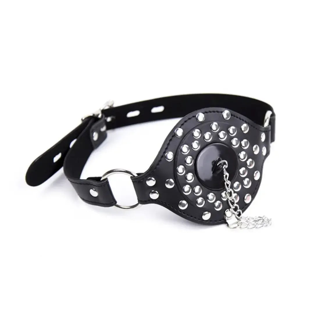 Domini Toy Studded Open Mouth Gag — Adjustable Deep Throat PU Leather BDSM Toy