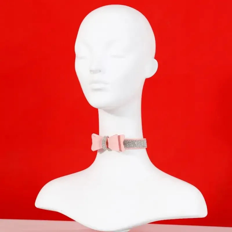 Domini Toy Suede Bow Collar — Rhinestone Trim Adjustable Day Collar