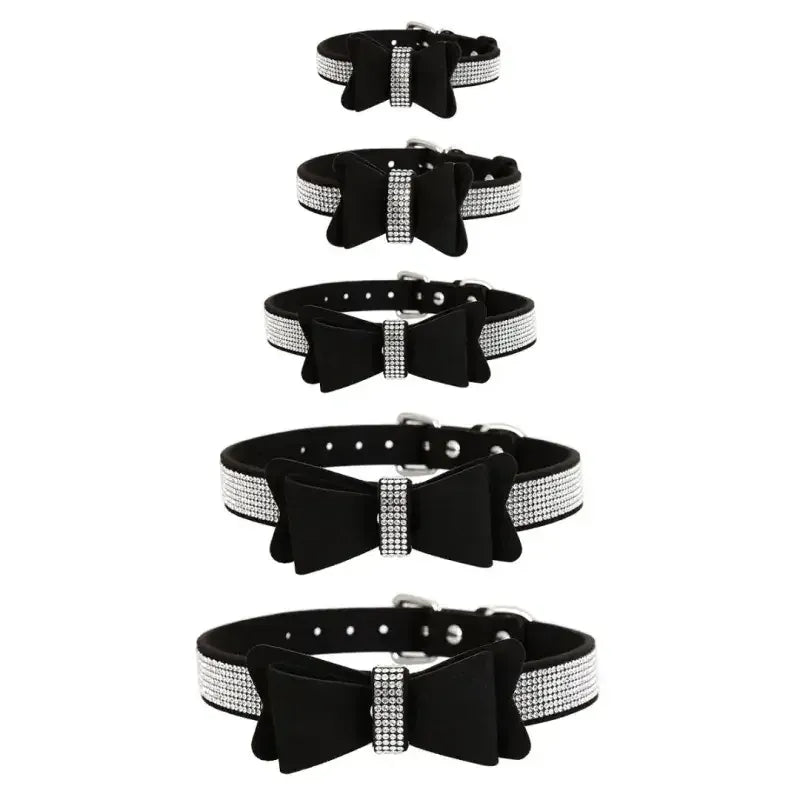 Domini Toy Suede Bow Collar — Rhinestone Trim Adjustable Day Collar